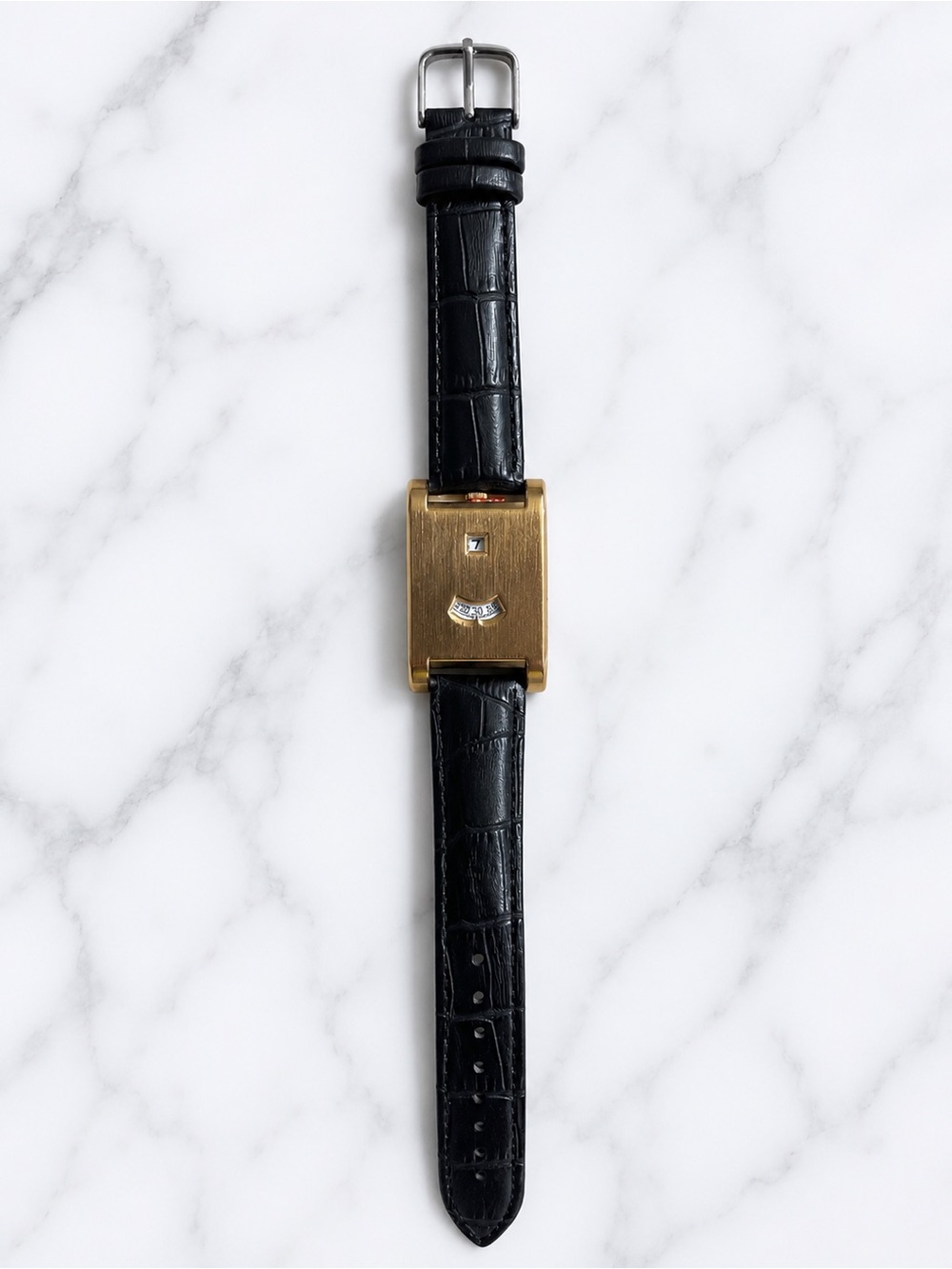 Men’s Gold-Tone Rectangular Watch with Black Leather Strap
